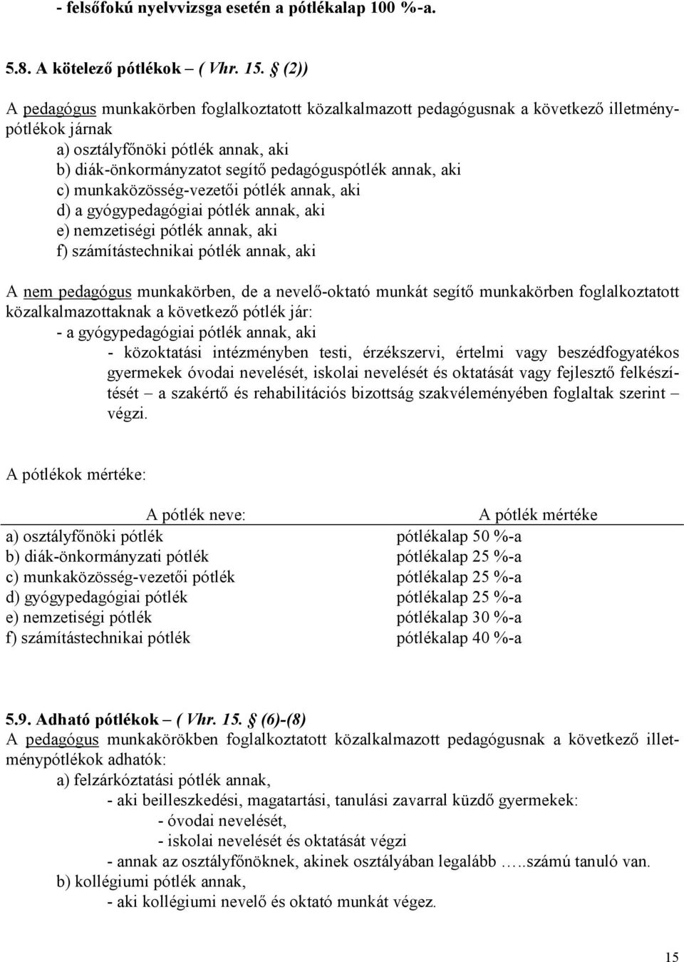 aki c) munkaközösség-vezetıi pótlék annak, aki d) a gyógypedagógiai pótlék annak, aki e) nemzetiségi pótlék annak, aki f) számítástechnikai pótlék annak, aki A nem pedagógus munkakörben, de a