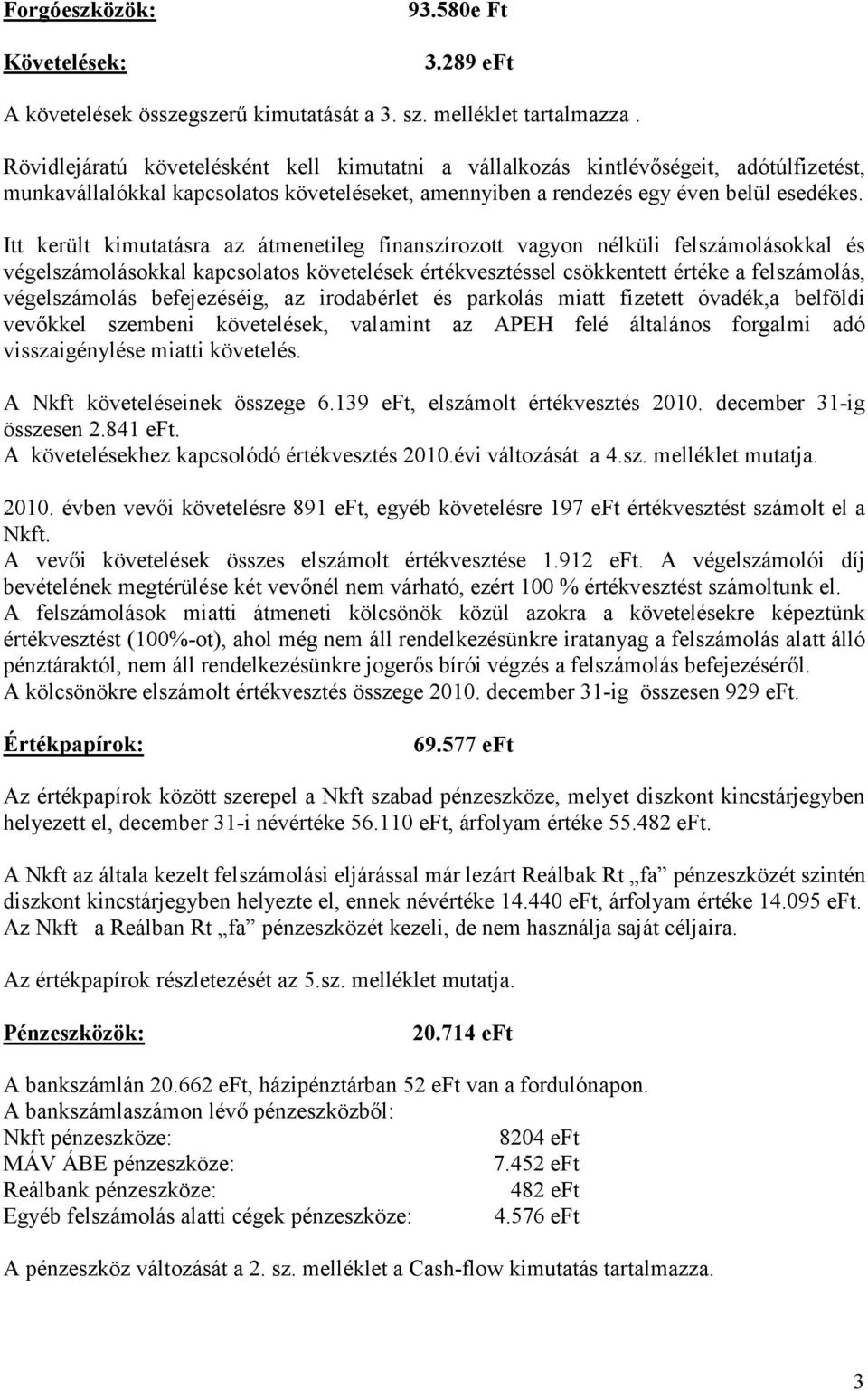 Itt került kimutatásra az átmenetileg finanszírozott vagyon nélküli felszámolásokkal és végelszámolásokkal kapcsolatos követelések értékvesztéssel csökkentett értéke a felszámolás, végelszámolás