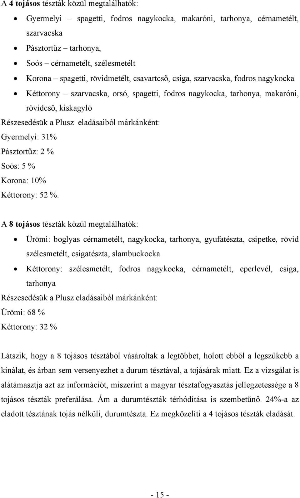 márkánként: Gyermelyi: 31% Pásztortűz: 2 % Soós: 5 % Korona: 10% Kéttorony: 52 %.
