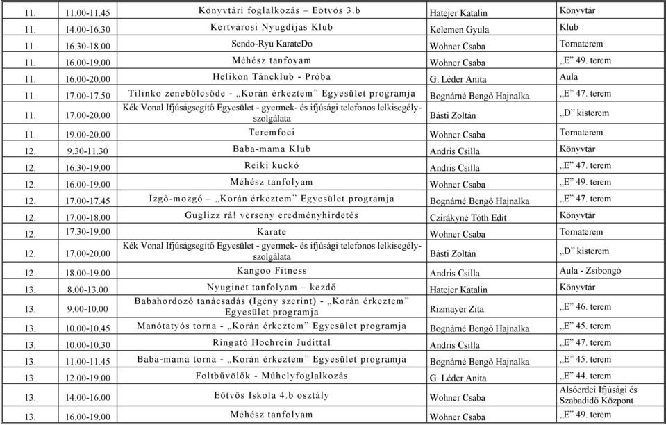 50 Tilinko zenebölcsöde - Korán érkeztem Egyesület programja Bognárné Bengő Hajnalka E 47. terem 11. 17.00-20.00 11. 19.00-20.00 Teremfoci Wohner Csaba Tornaterem 12. 9.30-11.