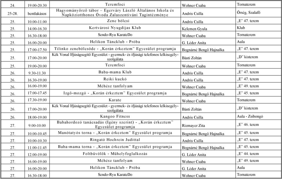 terem 25. 14.00-16.30 Kertvárosi Nyugdíjas Klub Kelemen Gyula Klub 25. 16.30-18.00 Sendo-Ryu KarateDo Wohner Csaba Tornaterem 25. 16.00-20.00 Helikon Táncklub - Próba G. Léder Anita Aula 25. 17.00-17.