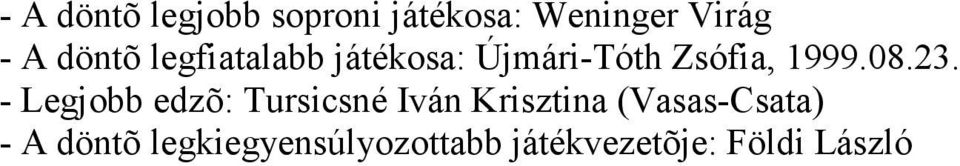 23. - Legjobb edzõ: Tursicsné Iván Krisztina