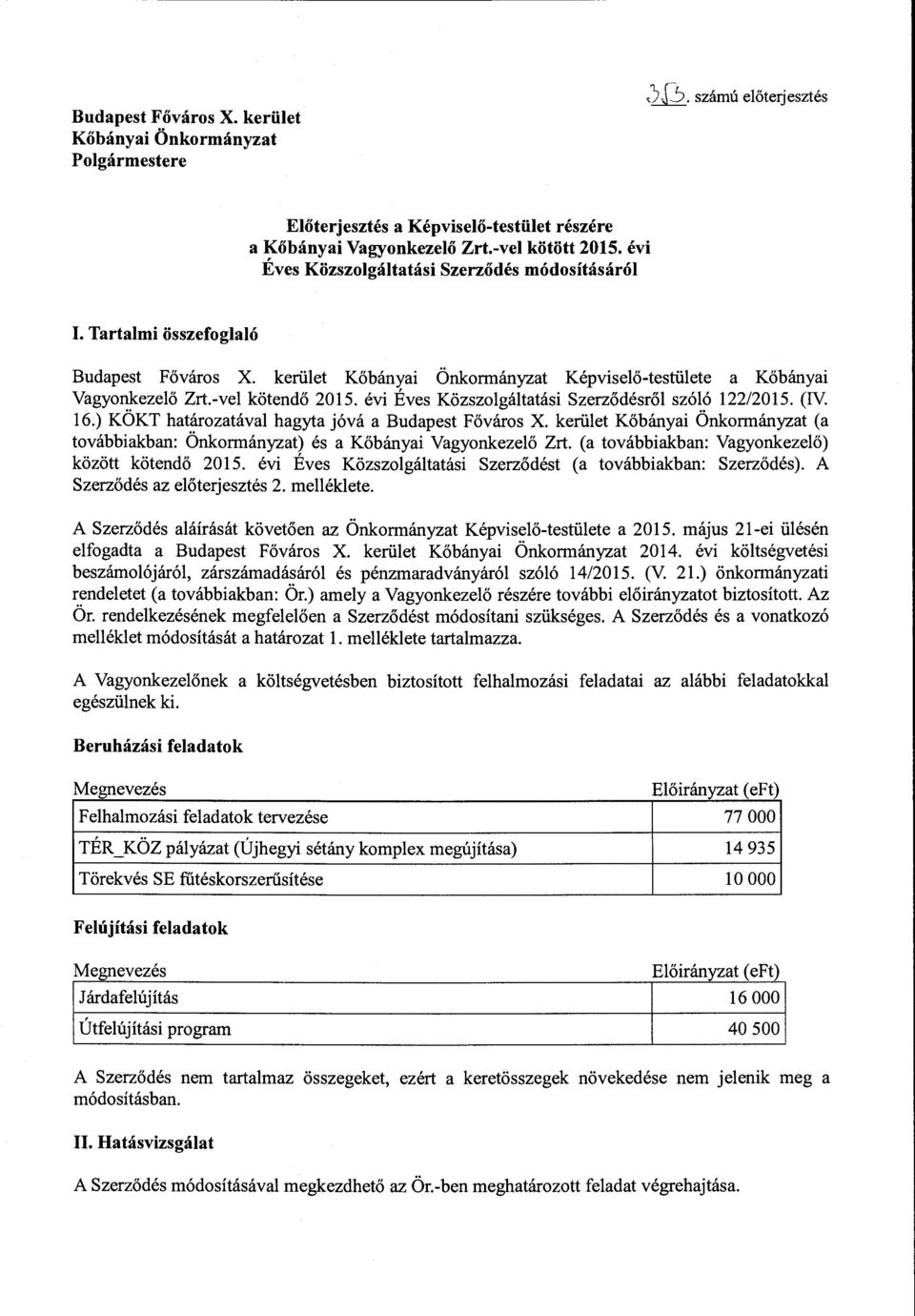 évi Éves Közszolgáltatási Szerződésről szóló 122/2015. (N. 16.) KÖKT határozatával hagyta jóvá a Budapest Főváros X.