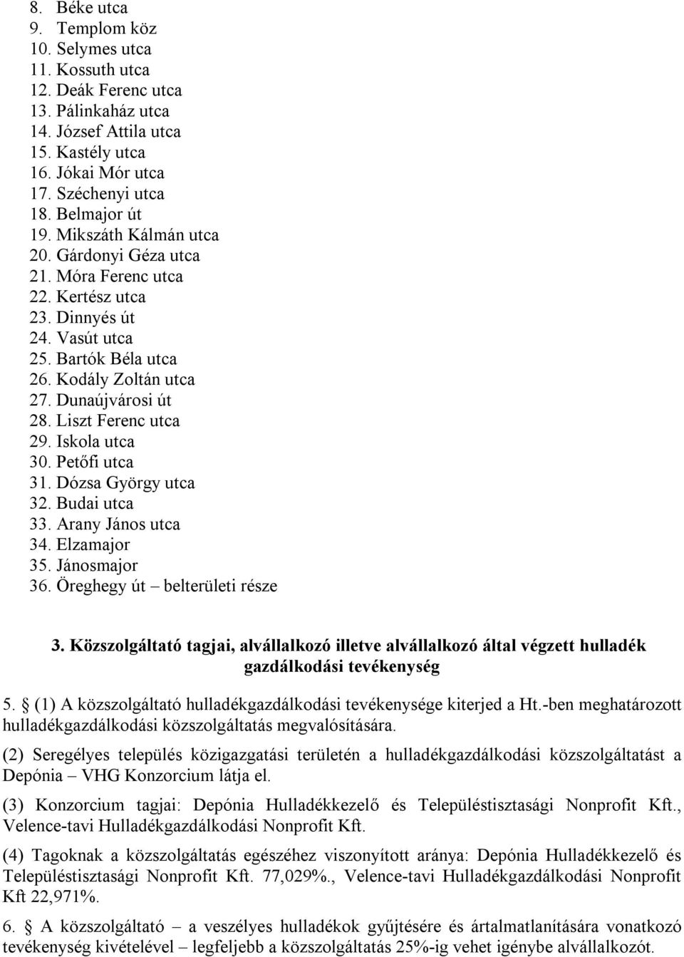 Liszt Ferenc utca 29. Iskola utca 30. Petőfi utca 31. Dózsa György utca 32. Budai utca 33. Arany János utca 34. Elzamajor 35. Jánosmajor 36. Öreghegy út belterületi része 3.