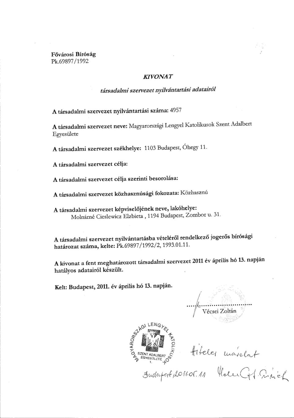 Egyesülete A társadalmi szervezet székhelye: 1103 Budapest, Óhegy 11.