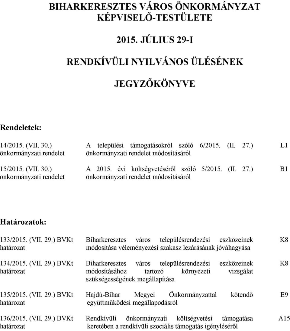 (II. 27.) önkormányzati rendelet módosításáról L1 B1 Határozatok: 133/2015. (VII. 29.