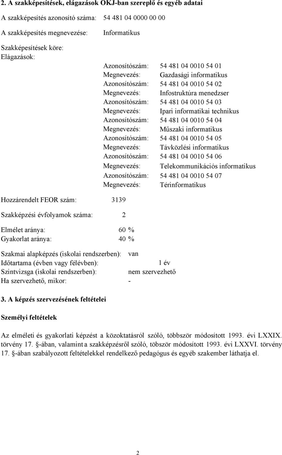 informatikai technikus Azonosítószám: 54 481 04 0010 54 04 Megnevezés: Műszaki informatikus Azonosítószám: 54 481 04 0010 54 05 Megnevezés: Távközlési informatikus Azonosítószám: 54 481 04 0010 54 06