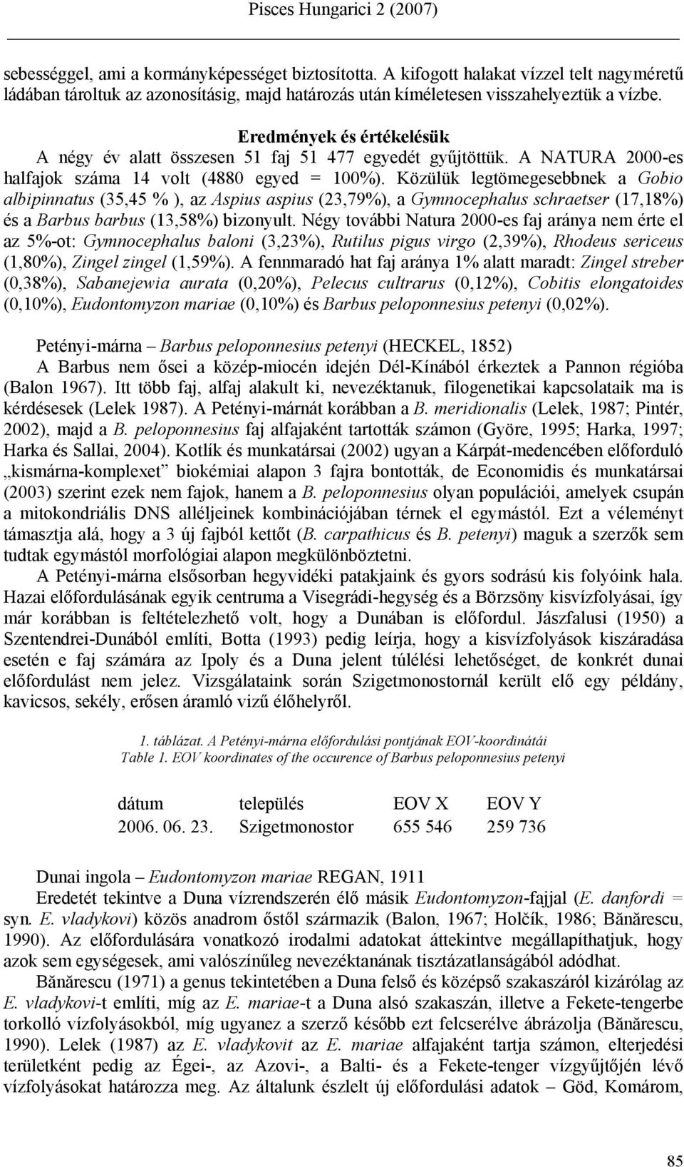 Közülük legtömegesebbnek a Gobio albipinnatus (35,45 % ), az Aspius aspius (23,79%), a Gymnocephalus schraetser (17,18%) és a Barbus barbus (13,58%) bizonyult.