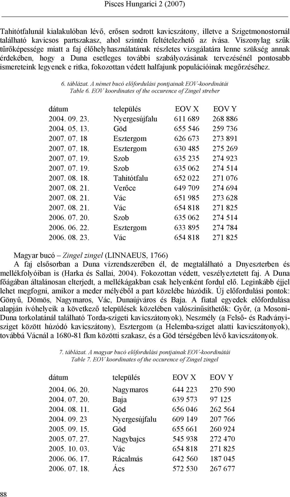 legyenek e ritka, fokozottan védett halfajunk populációinak megőrzéséhez. 6. táblázat. A német bucó előfordulási pontjainak EOV-koordinátái Table 6.