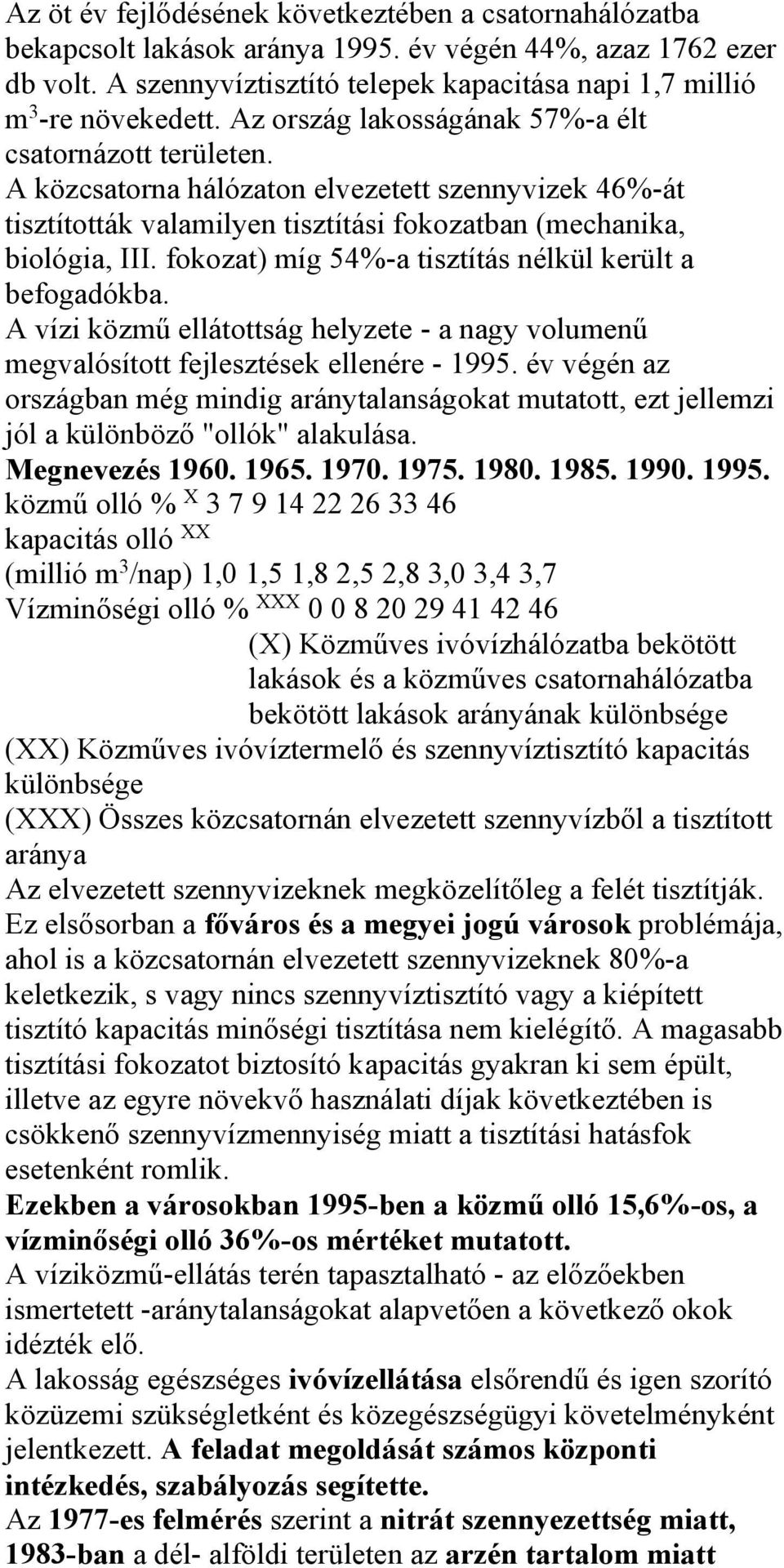 fokozat) míg 54%-a tisztítás nélkül került a befogadókba. A vízi közmű ellátottság helyzete - a nagy volumenű megvalósított fejlesztések ellenére - 1995.