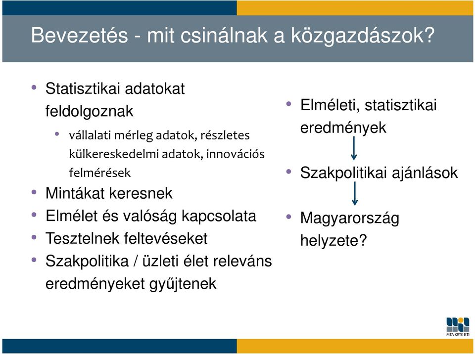 adatok, innovációs felmérések Mintákat keresnek Elmélet és valóság kapcsolata Tesztelnek