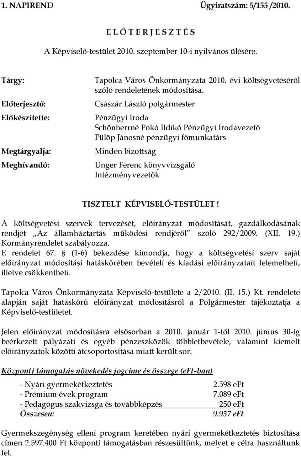 Császár László polgármester Pénzügyi Iroda Schönherrné Pokó Ildikó Pénzügyi Irodavezető Fülöp Jánosné pénzügyi főmunkatárs Minden bizottság Unger Ferenc könyvvizsgáló Intézményvezetők TISZTELT