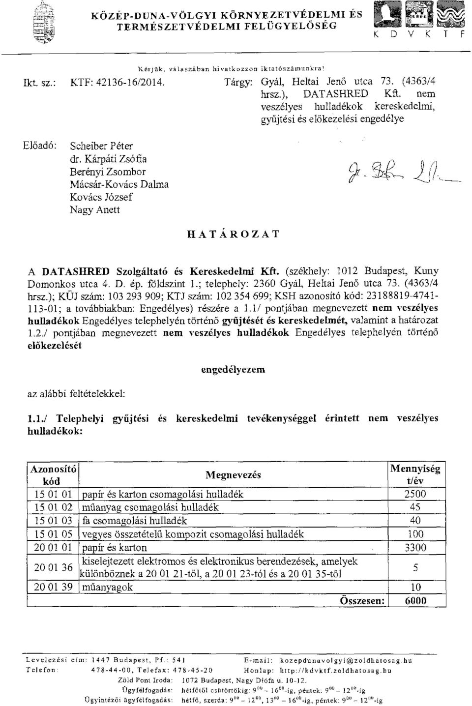 Kárpáti Zsófia Berényi Zsombor Mácsár-Kovács Dahna Kovács József Nagy Anett r; ~il J,~! ----._,l < - HATÁROZAT A DATASHRED Szolgáltató és Kereskedelmi Kft.