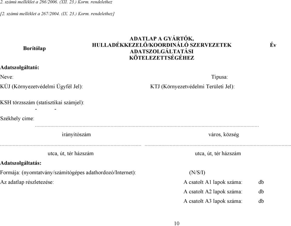 rendelethez] Borítólap Adatszolgáltató: Neve: KÜJ (Környezetvédelmi Ügyfél Jel): KSH törzsszám (statisztikai számjel): -- ADATLAP A GYÁRTÓK,