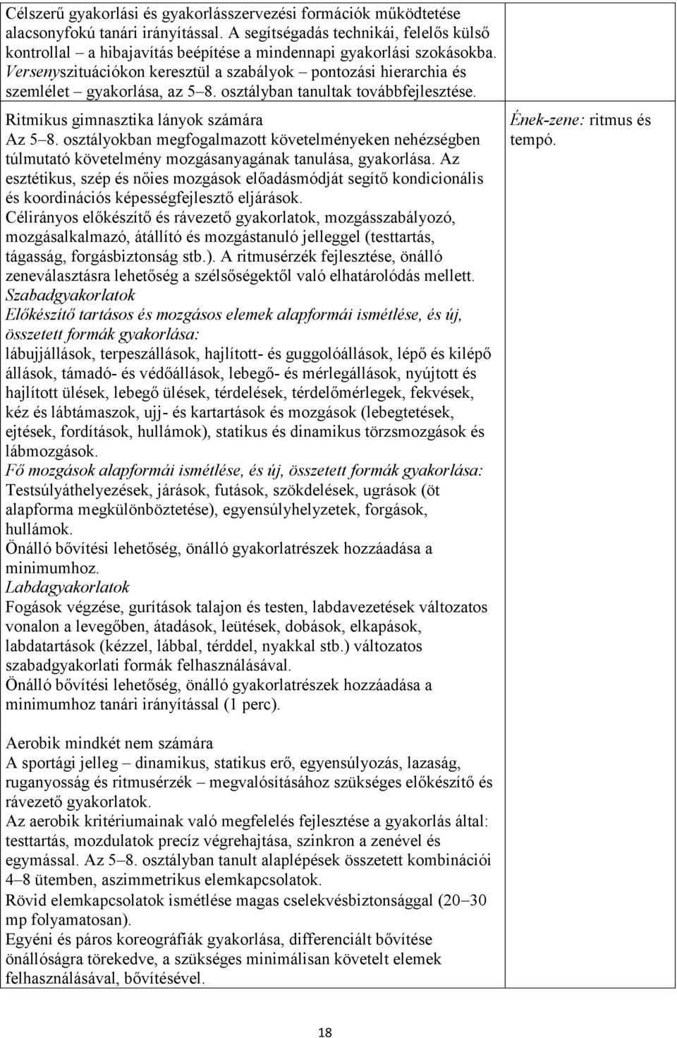 Versenyszituációkon keresztül a szabályok pontozási hierarchia és szemlélet gyakorlása, az 5 8. osztályban tanultak továbbfejlesztése. Ritmikus gimnasztika lányok számára Az 5 8.