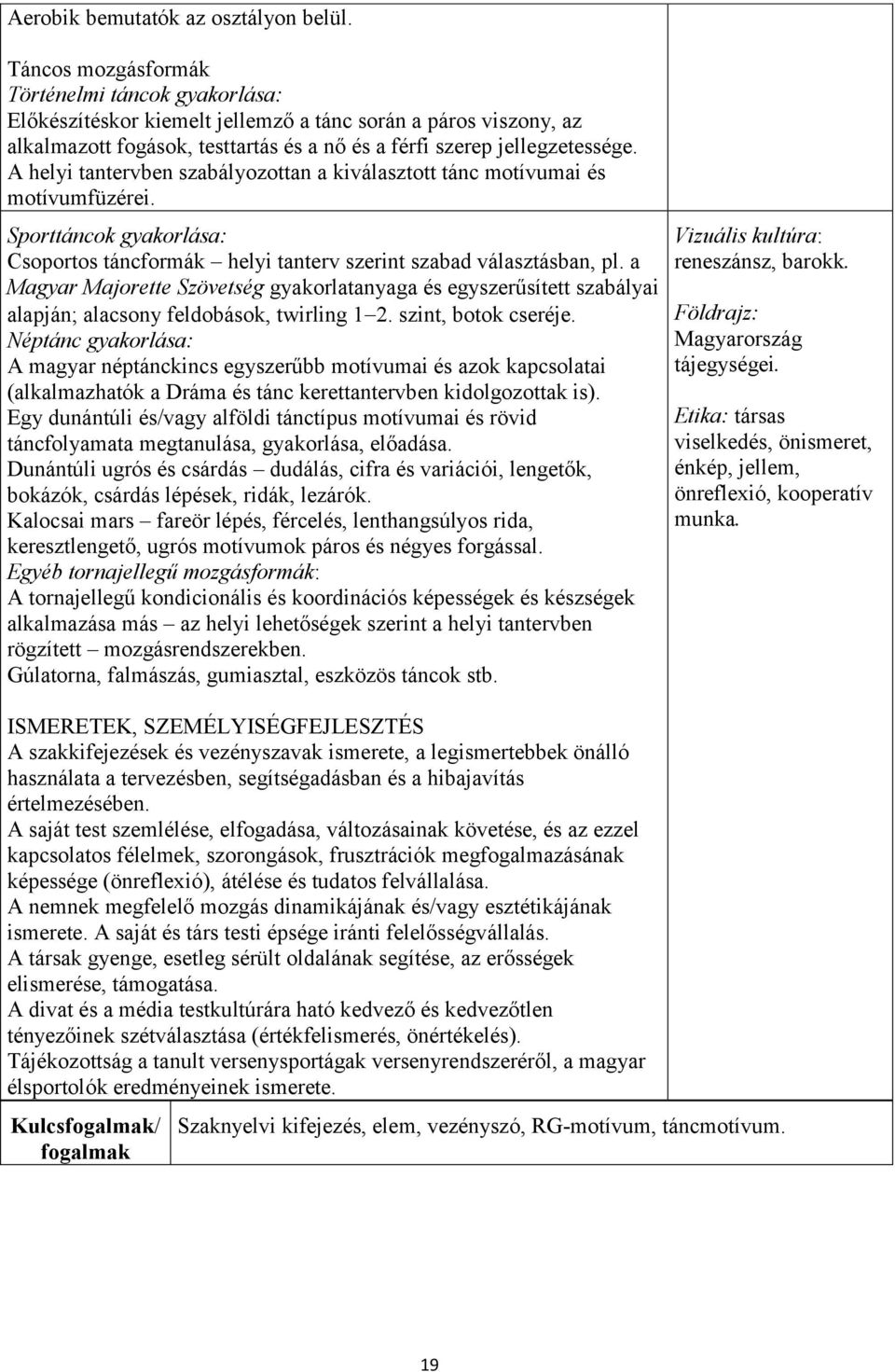 A helyi tantervben szabályozottan a kiválasztott tánc motívumai és motívumfüzérei. Sporttáncok gyakorlása: Csoportos táncformák helyi tanterv szerint szabad választásban, pl.