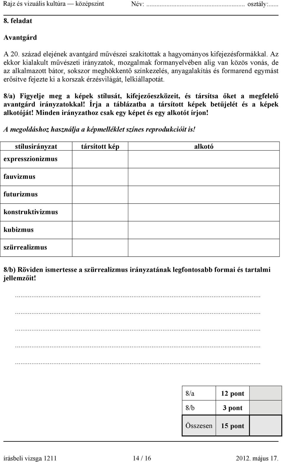 ki a korszak érzésvilágát, lelkiállapotát. 8/a) Figyelje meg a képek stílusát, kifejezőeszközeit, és társítsa őket a megfelelő avantgárd irányzatokkal!