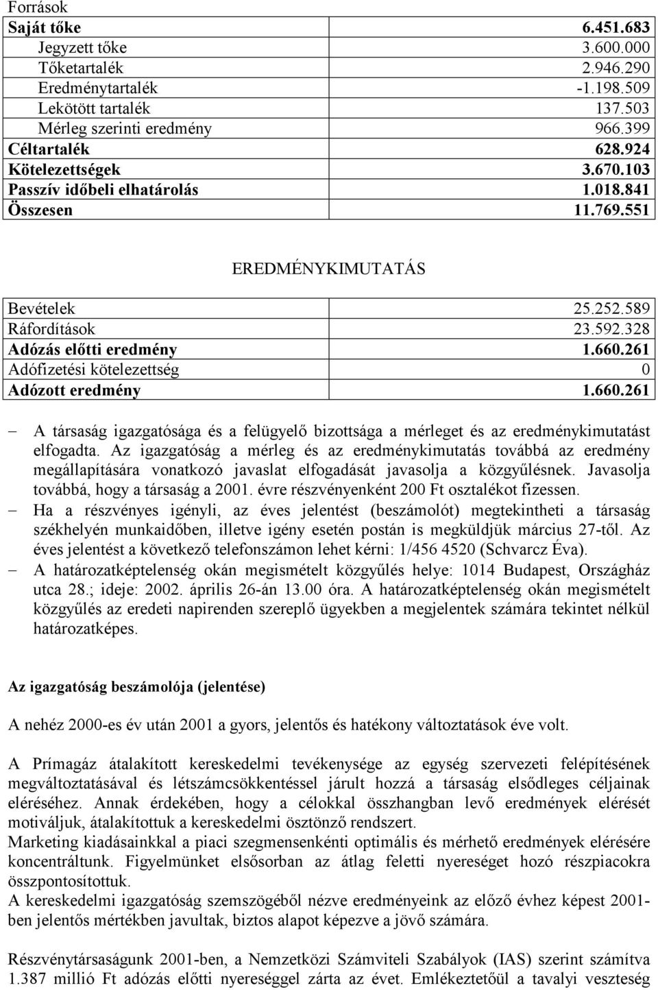 261 Adófizetési kötelezettség 0 Adózott eredmény 1.660.261 A társaság igazgatósága és a felügyelő bizottsága a mérleget és az eredménykimutatást elfogadta.