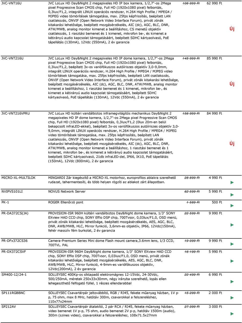 25fps képfrissítés, beépített LAN csatlakozás, ONVIF (Open Network Video Interface Forum), privát zónák kitakarási lehetősége, beépített mozgásérzékelés, AIC (dc), AGC, BLC, DNR, ATW/MWB, analog