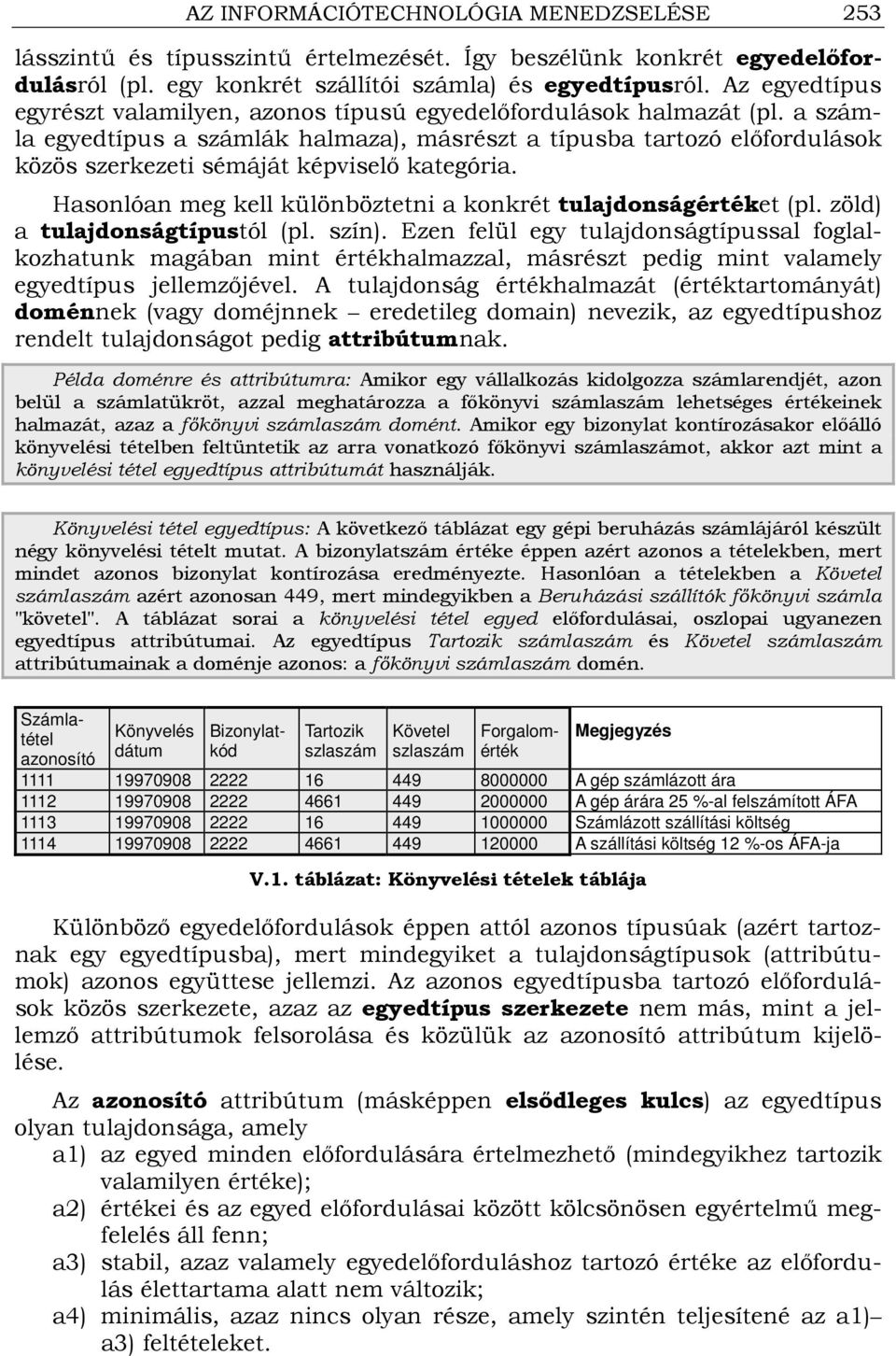 a számla egyedtípus a számlák halmaza), másrészt a típusba tartozó elıfordulások közös szerkezeti sémáját képviselı kategória. Hasonlóan meg kell különböztetni a konkrét tulajdonságértéket (pl.