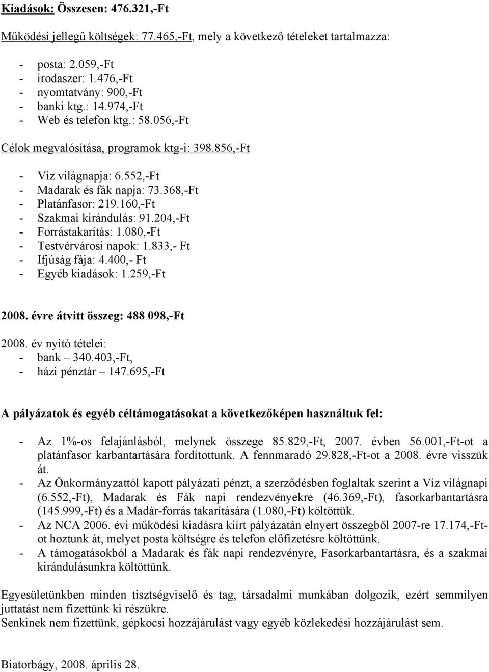 160,-Ft - Szakmai kirándulás: 91.204,-Ft - Forrástakarítás: 1.080,-Ft - Testvérvárosi napok: 1.833,- Ft - Ifjúság fája: 4.400,- Ft - Egyéb kiadások: 1.259,-Ft 2008.