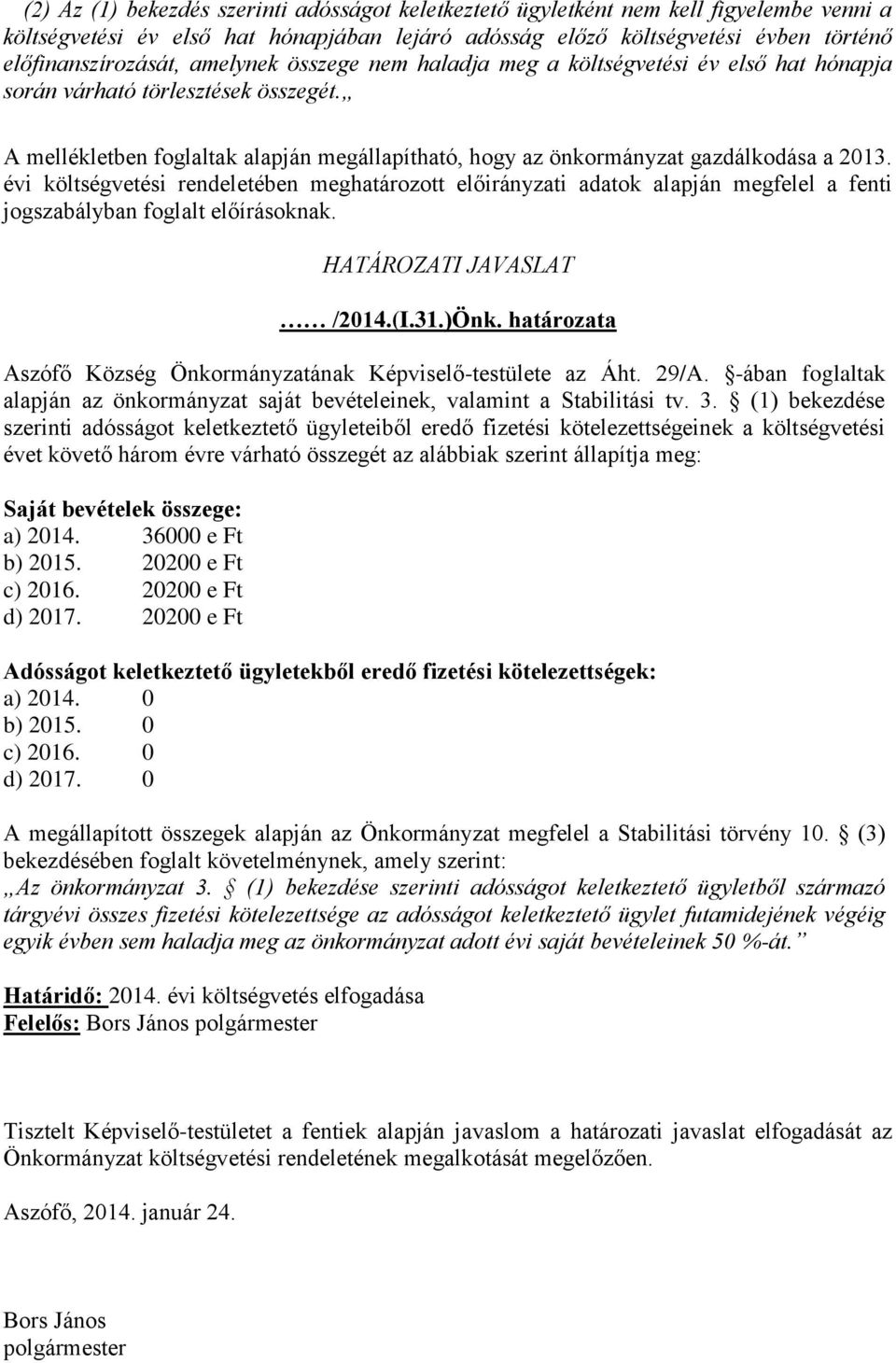 évi költségvetési rendeletében meghatározott előirányzati adatok alapján megfelel a fenti jogszabályban foglalt előírásoknak. HATÁROZATI JAVASLAT /2014.(I.31.)Önk.