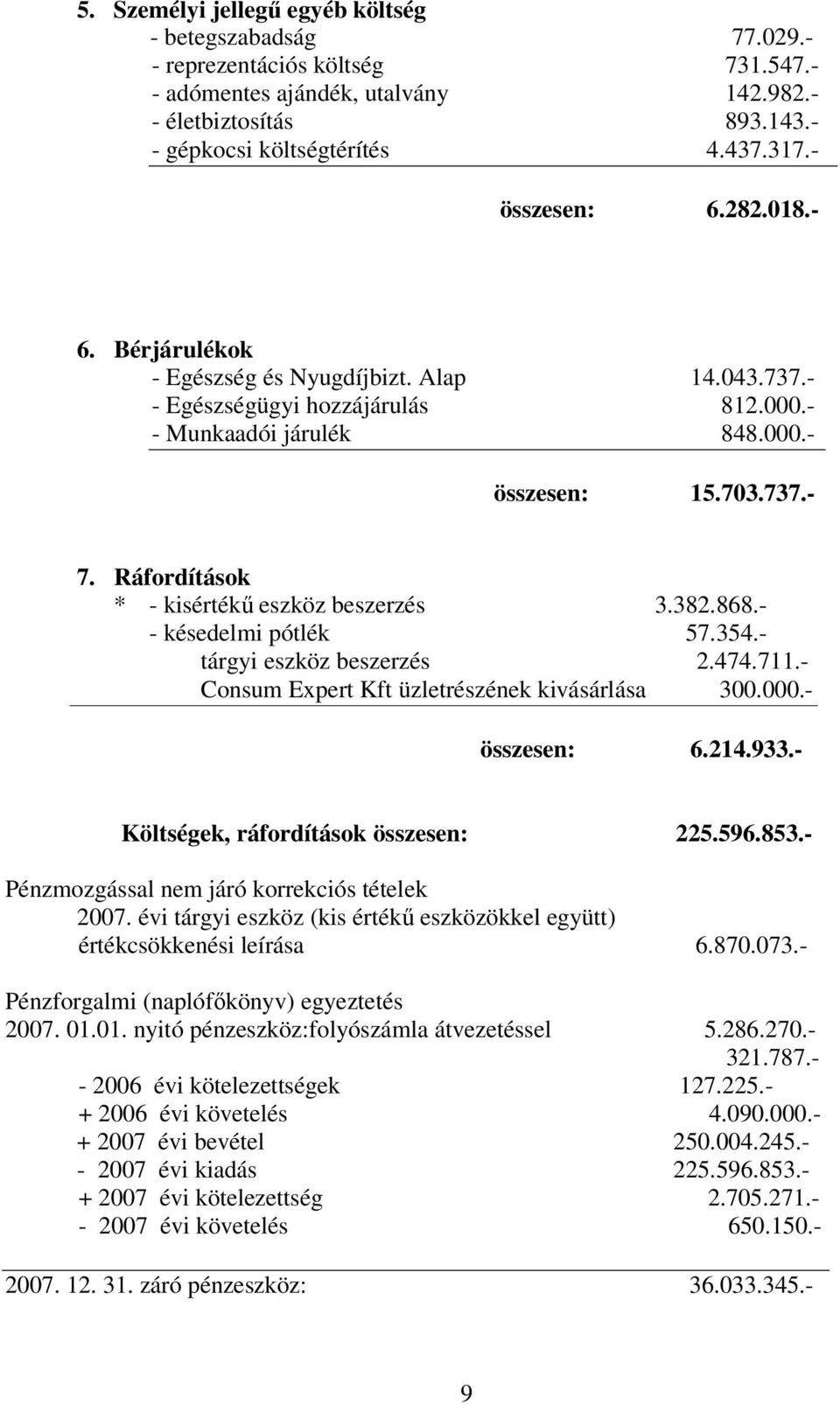 Ráfordítások * - kisértékű eszköz beszerzés 3.382.868.- - késedelmi pótlék 57.354.- tárgyi eszköz beszerzés 2.474.711.- Consum Expert Kft üzletrészének kivásárlása 300.000.- összesen: 6.214.933.