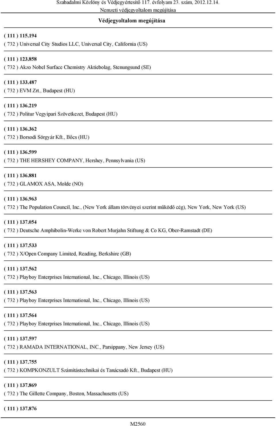 362 ( 732 ) Borsodi Sörgyár Kft., Bőcs (HU) ( 111 ) 136.599 ( 732 ) THE HERSHEY COMPANY, Hershey, Pennsylvania (US) ( 111 ) 136.881 ( 732 ) GLAMOX ASA, Molde (NO) ( 111 ) 136.