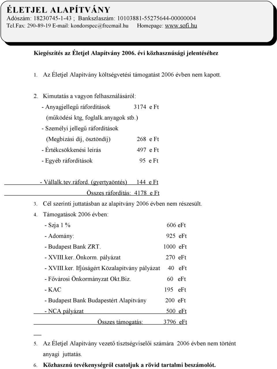 Cél szerinti juttatásban az alapítvány 2006 évben nem részesült. 4. Támogatások 2006 évben: - Szja 1 % 606 eft - Adomány: 925 eft - Budapest Bank ZRT. 1000 eft - XVIII.ker..Önkorm.