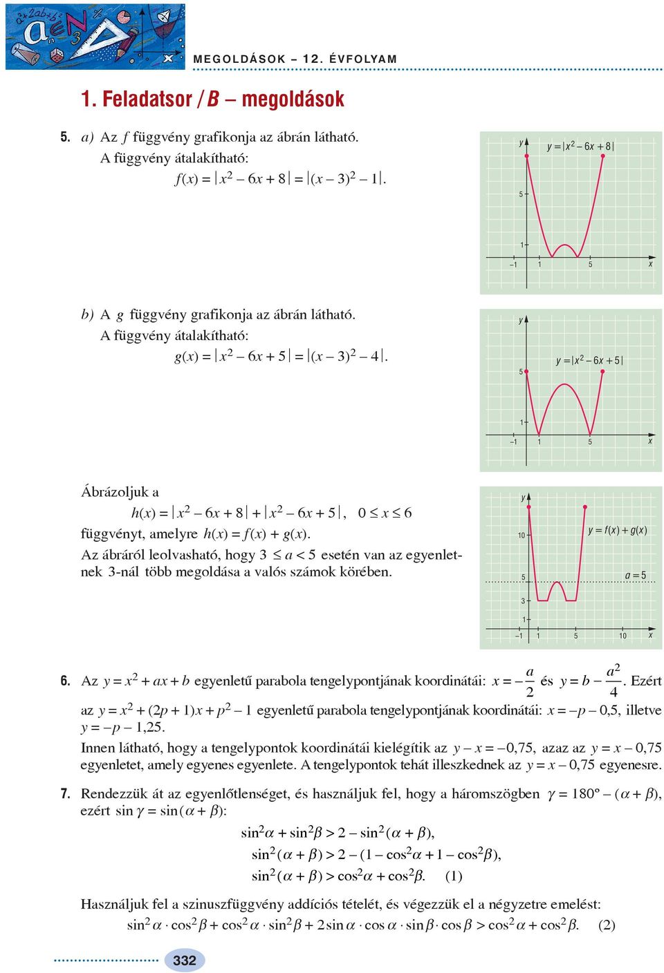 Az ábráról leolvshtó, hog < esetén vn z egenletnek -nál több megoldás vlós számok körében. 0 =()+ f g() = 0 6. Az = + + b egenletû prbol tengelpontjánk koordinátái: = és = b.