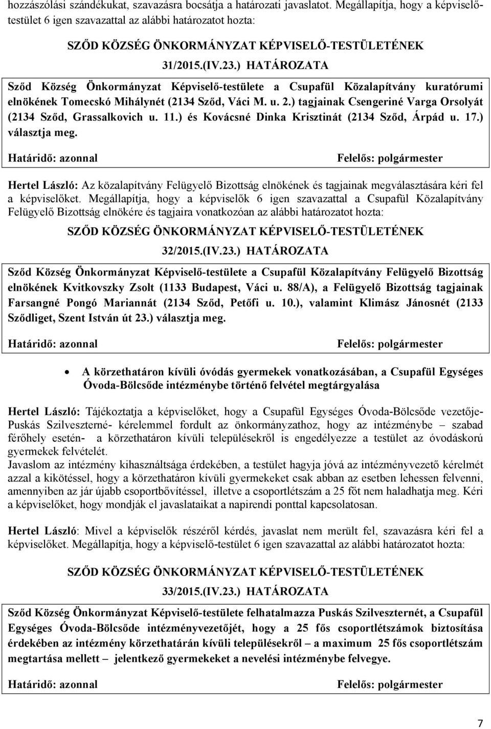 ) tagjainak Csengeriné Varga Orsolyát (2134 Sződ, Grassalkovich u. 11.) és Kovácsné Dinka Krisztinát (2134 Sződ, Árpád u. 17.) választja meg.