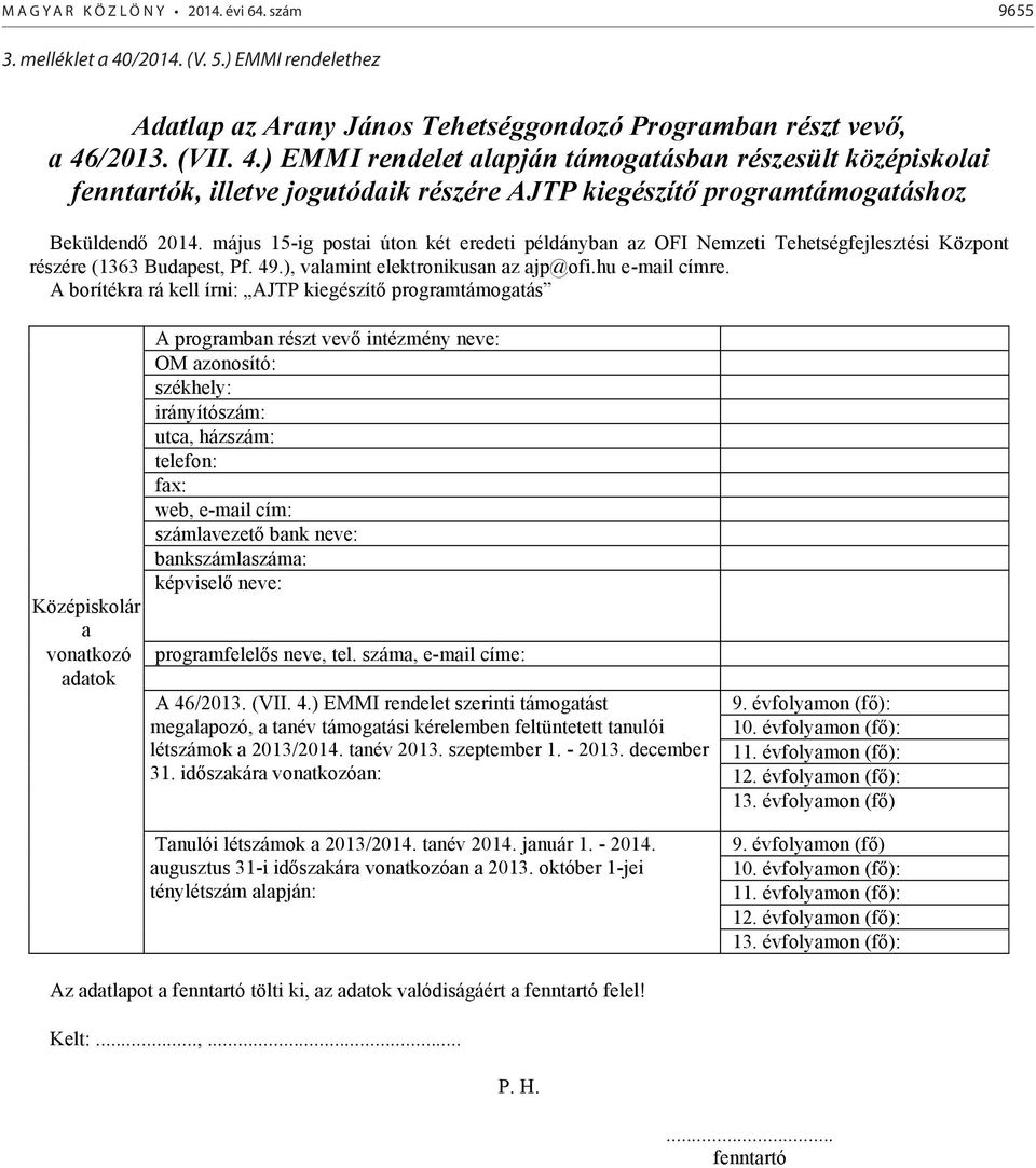 /2013. (VII. 4.) EMMI rendelet alapján támogatásban részesült középiskolai fenntartók, illetve jogutódaik részére AJTP kiegészítő programtámogatáshoz Beküldendő 2014.