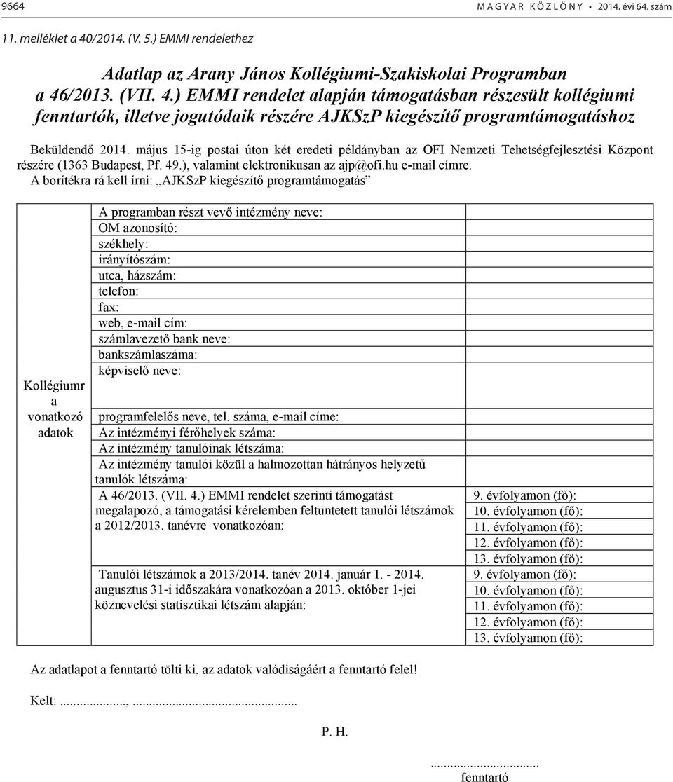 /2013. (VII. 4.) EMMI rendelet alapján támogatásban részesült kollégiumi fenntartók, illetve jogutódaik részére AJKSzP kiegészítő programtámogatáshoz Beküldendő 2014.