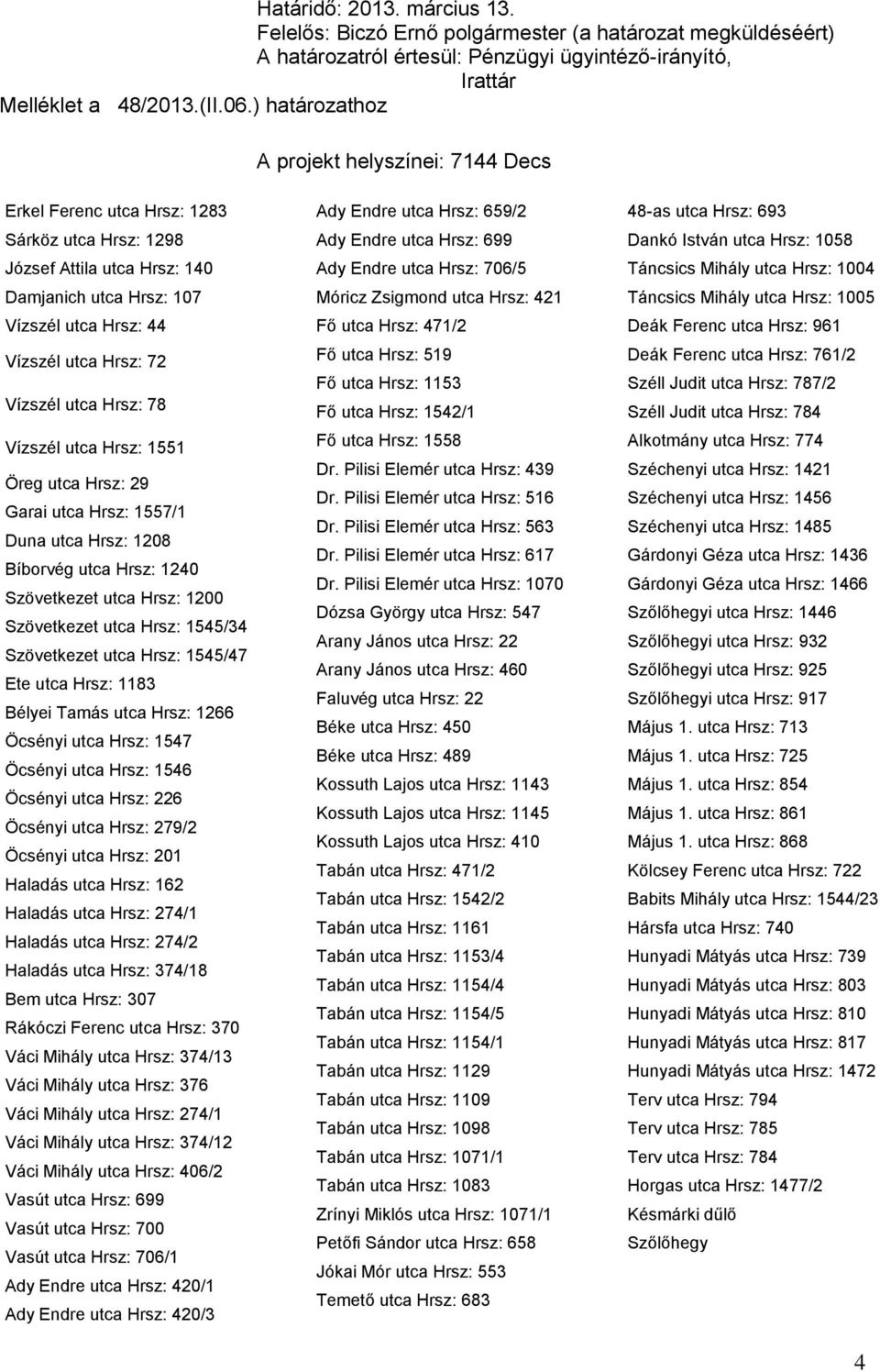 Vízszél utca Hrsz: 78 Vízszél utca Hrsz: 1551 Öreg utca Hrsz: 29 Garai utca Hrsz: 1557/1 Duna utca Hrsz: 1208 Bíborvég utca Hrsz: 1240 Szövetkezet utca Hrsz: 1200 Szövetkezet utca Hrsz: 1545/34