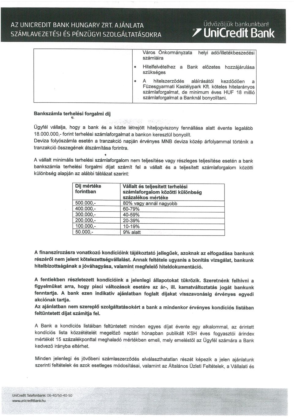 Kft. köteles hitelarányos számlaforgalmat, de minimum éves HUF 18 millió számlaforgalmat a Banknál bonyolítani.