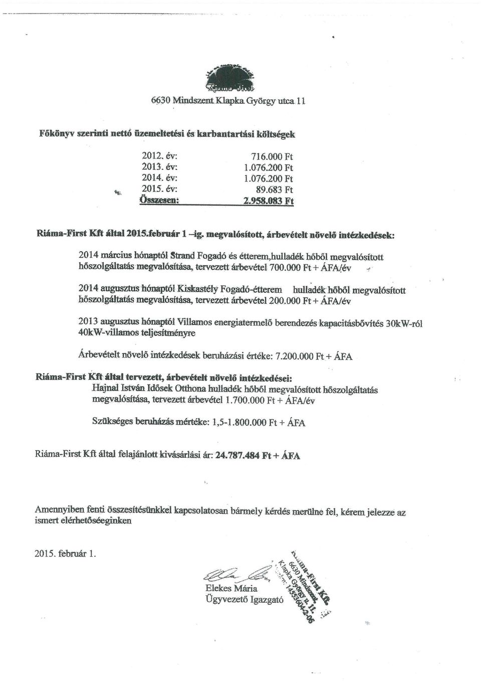 árbevétel 700.000 Ft ± ÁFAL6V 2014 auguszhisiiónaptól Kiskastély Fogadó-étterem hulladék hóból megvalósított bőszolgáltatás megvalósítása, ezett árbevétel 200.