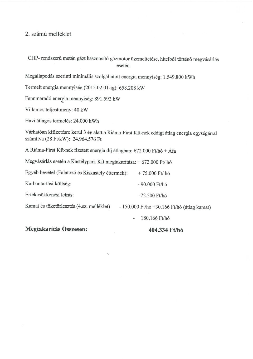 000 kwh Várhatóan kifizetésre kerül 3 év alatt a Riáma-First Kf~-nek eddigi átlag energia egységárral számítva (28 Ft!kW): 24.964.576 Ft A Riáma-First Kf~-nek fizetett energia díj átlagban: 672.