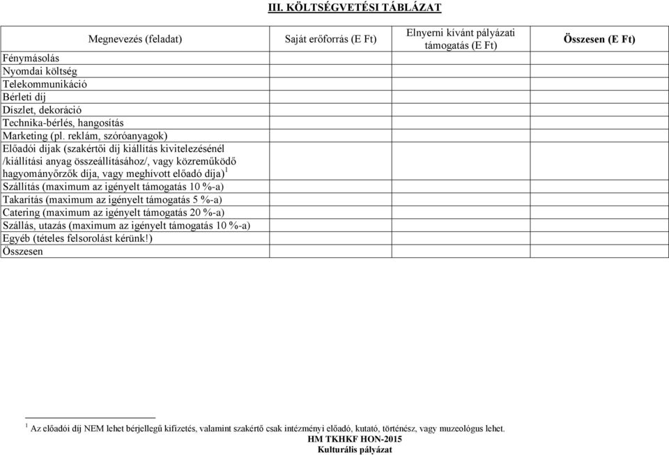 (maximum az igényelt támogatás 10 %-a) Takarítás (maximum az igényelt támogatás 5 %-a) Catering (maximum az igényelt támogatás 20 %-a) Szállás, utazás (maximum az igényelt támogatás 10 %-a) Egyéb
