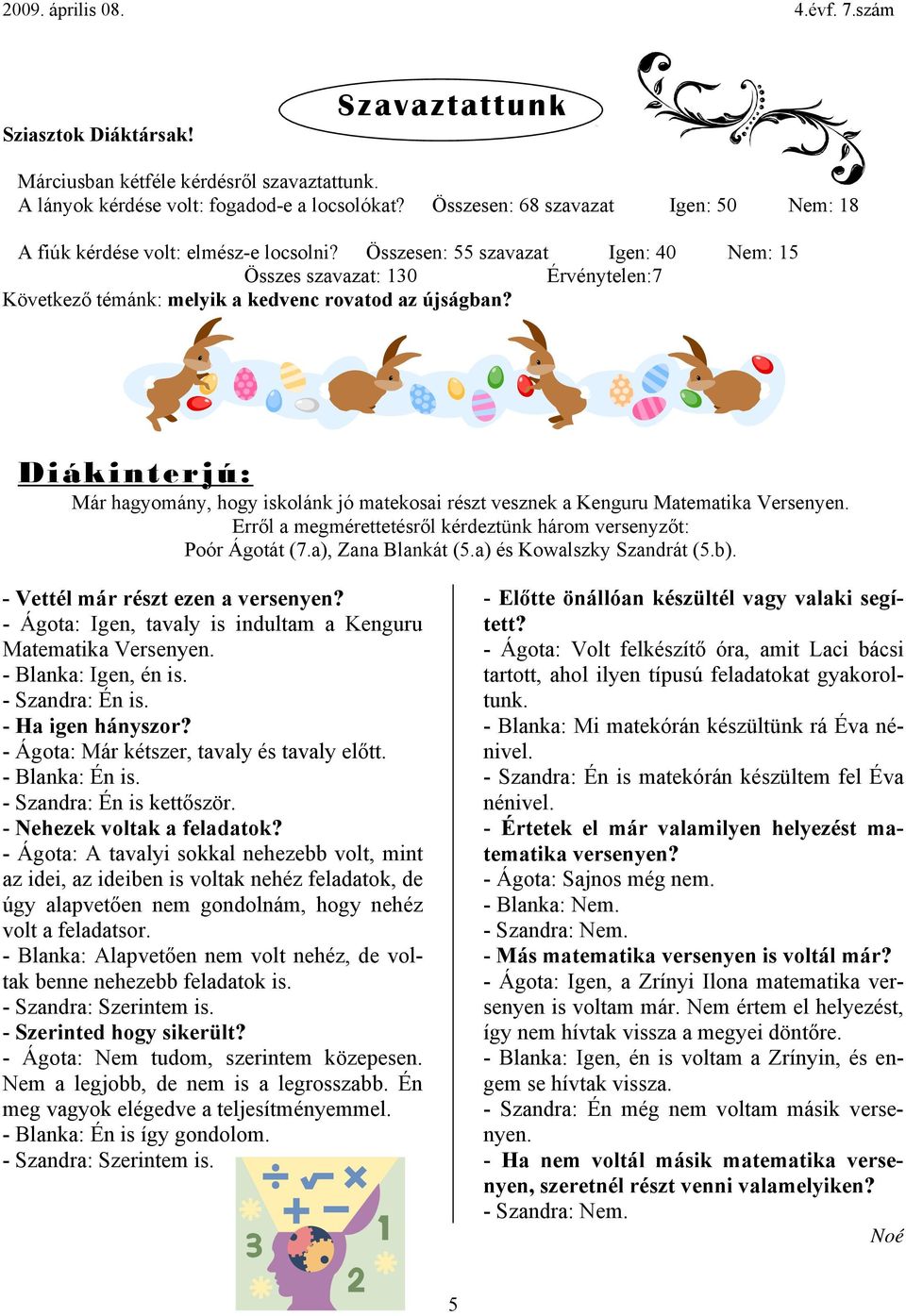 Összesen: 55 szavazat Igen: 40 Nem: 15 Összes szavazat: 130 Érvénytelen:7 Következő témánk: melyik a kedvenc rovatod az újságban?