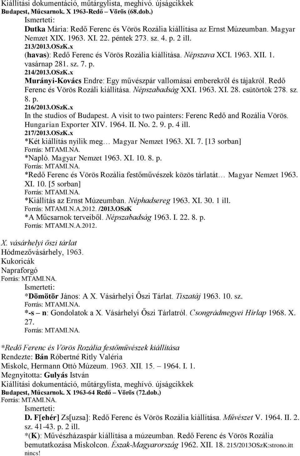 Redő Ferenc és Vörös Rozáli kiállítása. Népszabadság XXI. 1963. XI. 28. csütörtök 278. sz. 8. p. 216/2013.OSzK.x In the studios of Budapest. A visit to two painters: Ferenc Redő and Rozália Vörös.