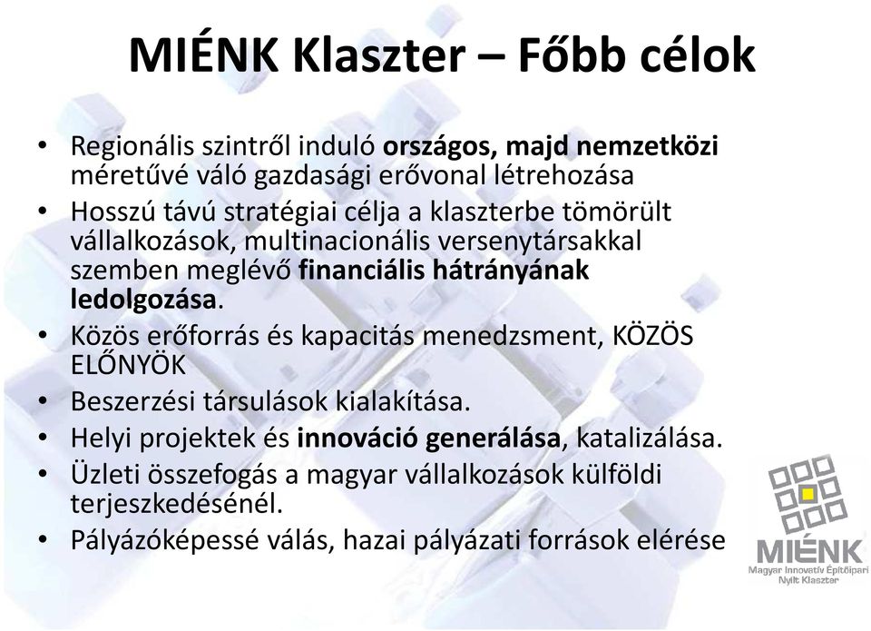 ledolgozása. Közös erőforrás és kapacitás menedzsment, KÖZÖS ELŐNYÖK Beszerzési társulások kialakítása.