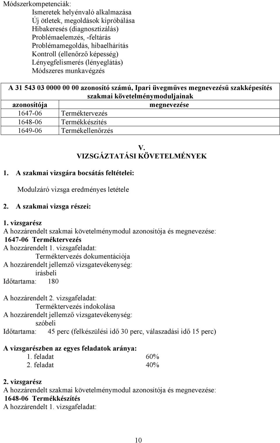 1647-06 Terméktervezés 1648-06 Termékkészítés 1649-06 Termékellenőrzés 1. szakmai vizsgára bocsátás feltételei: Modulzáró vizsga eredményes letétele 2. szakmai vizsga részei: V.