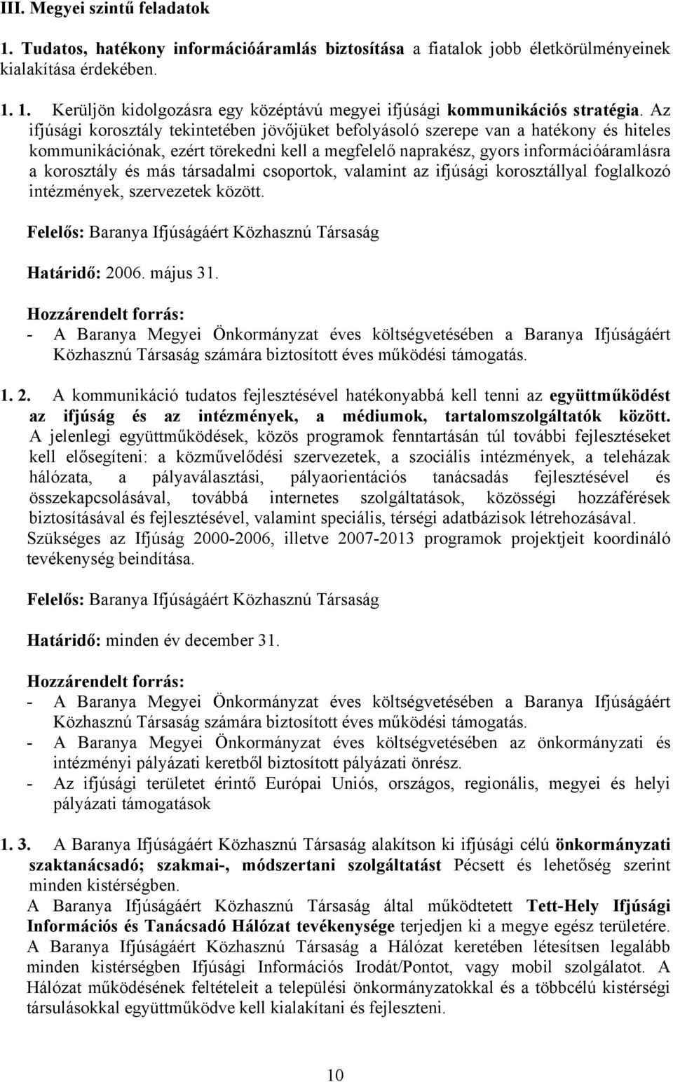 társadalmi csoportok, valamint az ifjúsági korosztállyal foglalkozó intézmények, szervezetek között. Baranya Ifjúságáért Közhasznú Társaság Határidő: 2006. május 31.