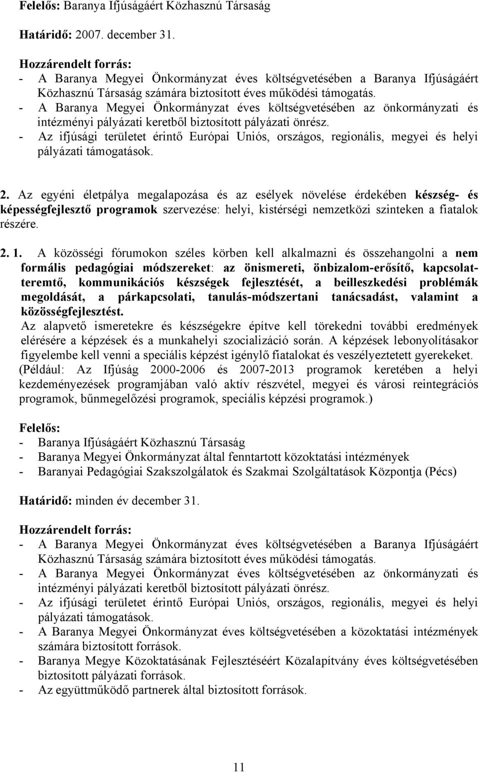 Az egyéni életpálya megalapozása és az esélyek növelése érdekében készség- és képességfejlesztő programok szervezése: helyi, kistérségi nemzetközi szinteken a fiatalok részére. 2. 1.