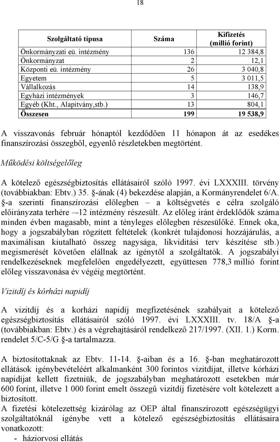 ) 13 804,1 Összesen 199 19 538,9 A visszavonás február hónaptól kezdődően 11 hónapon át az esedékes finanszírozási összegből, egyenlő részletekben megtörtént.