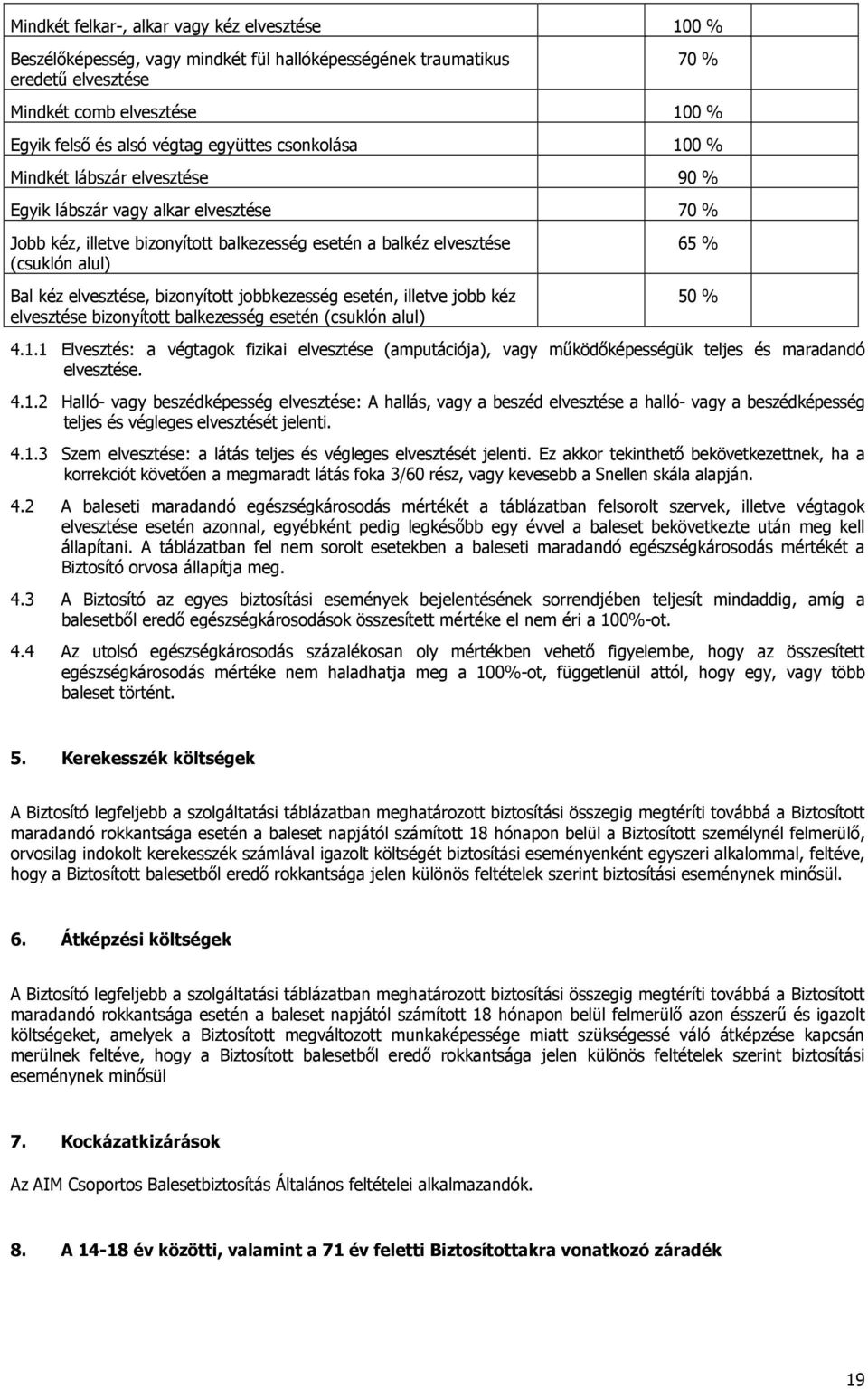 elvesztése, bizonyított jobbkezesség esetén, illetve jobb kéz elvesztése bizonyított balkezesség esetén (csuklón alul) 65 % 50 % 4.1.