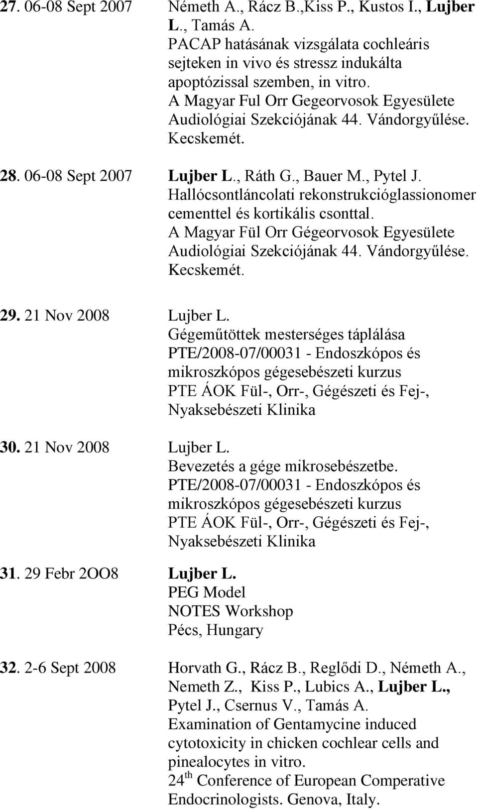 Hallócsontláncolati rekonstrukcióglassionomer cementtel és kortikális csonttal. A Magyar Fül Orr Gégeorvosok Egyesülete Audiológiai Szekciójának 44. Vándorgyűlése. Kecskemét. 29. 21 Nov 2008 Lujber L.