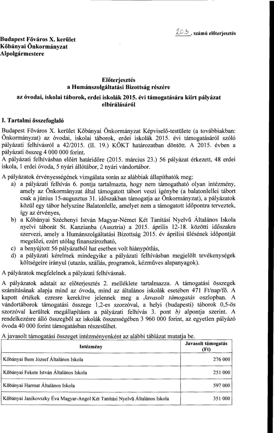 kerület Kőbányai Önkormányzat Képviselő-testülete (a továbbiakban: Önkormányzat) az óvodai, iskolai táborok, erdei iskolák 2015. évi támogatásáról szóló pályázati felhívásról a 42/2015. (II. 19.