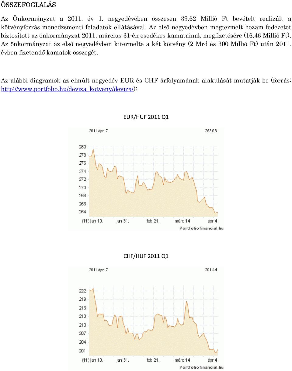 Az önkormányzat az első negyedévben kitermelte a két kötvény (2 Mrd és 300 Millió Ft) után 2011. évben fizetendő kamatok összegét.