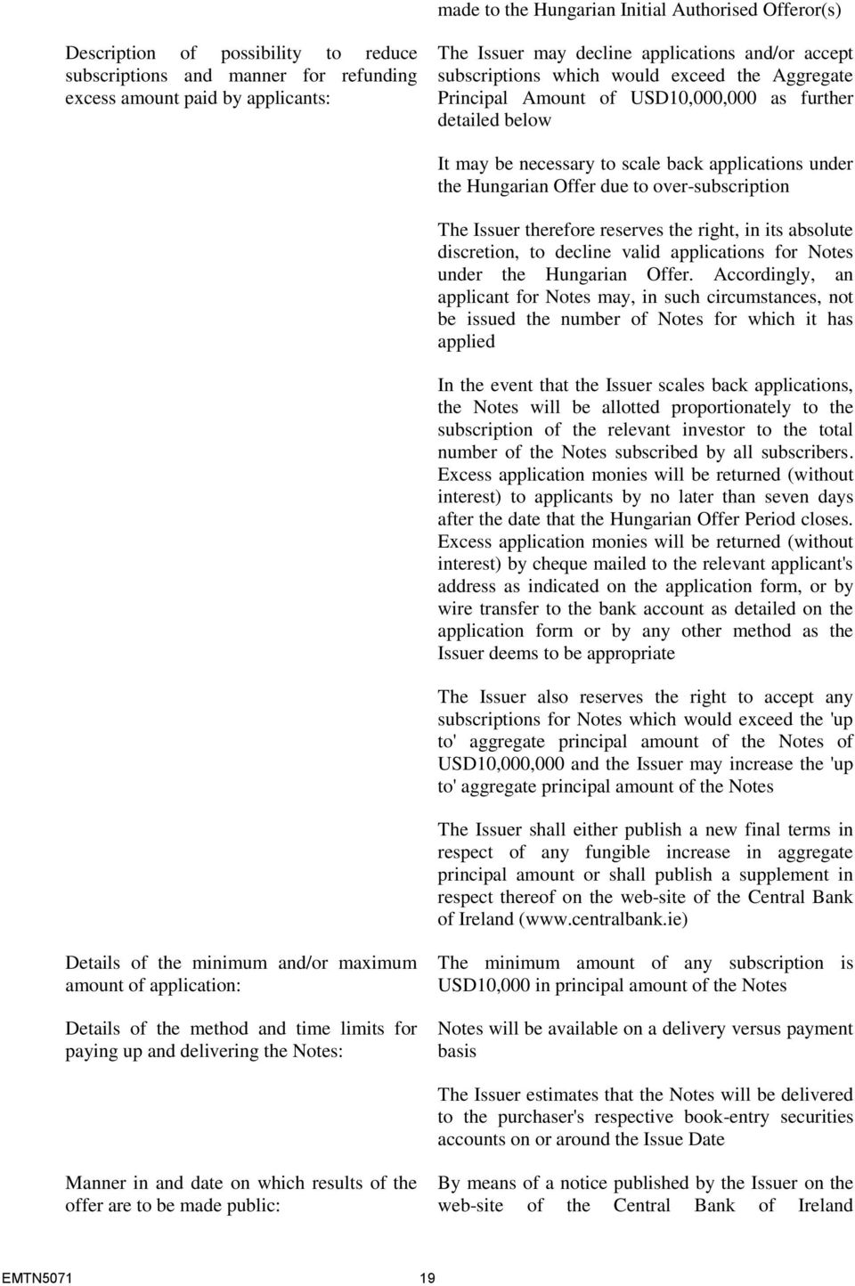 to over-subscription The Issuer therefore reserves the right, in its absolute discretion, to decline valid applications for Notes under the Hungarian Offer.